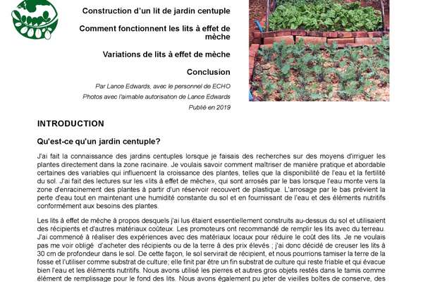 Jardins potagers centuples dotés de lits à effet de mèches économiques