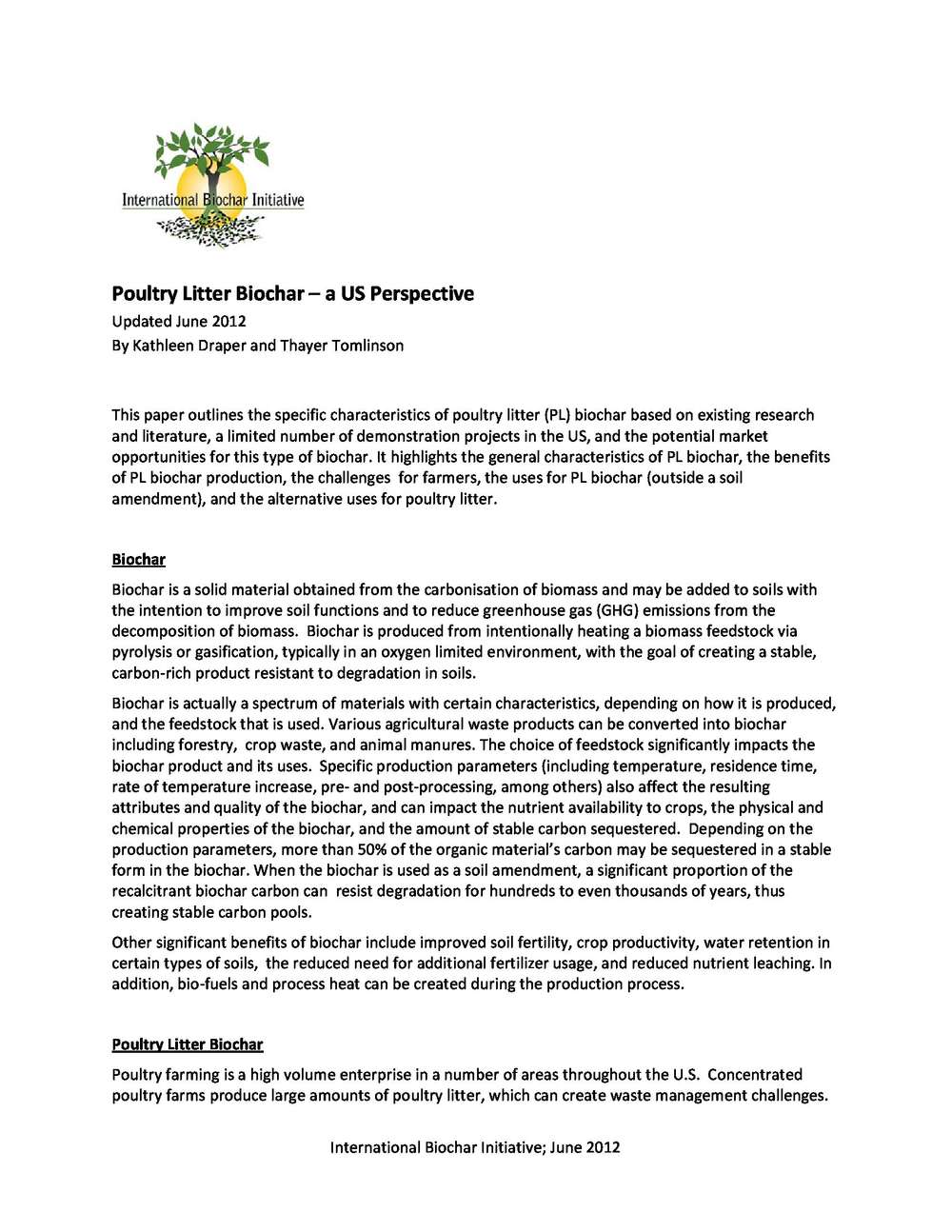 Poultry Litter Biochar a US Perspective