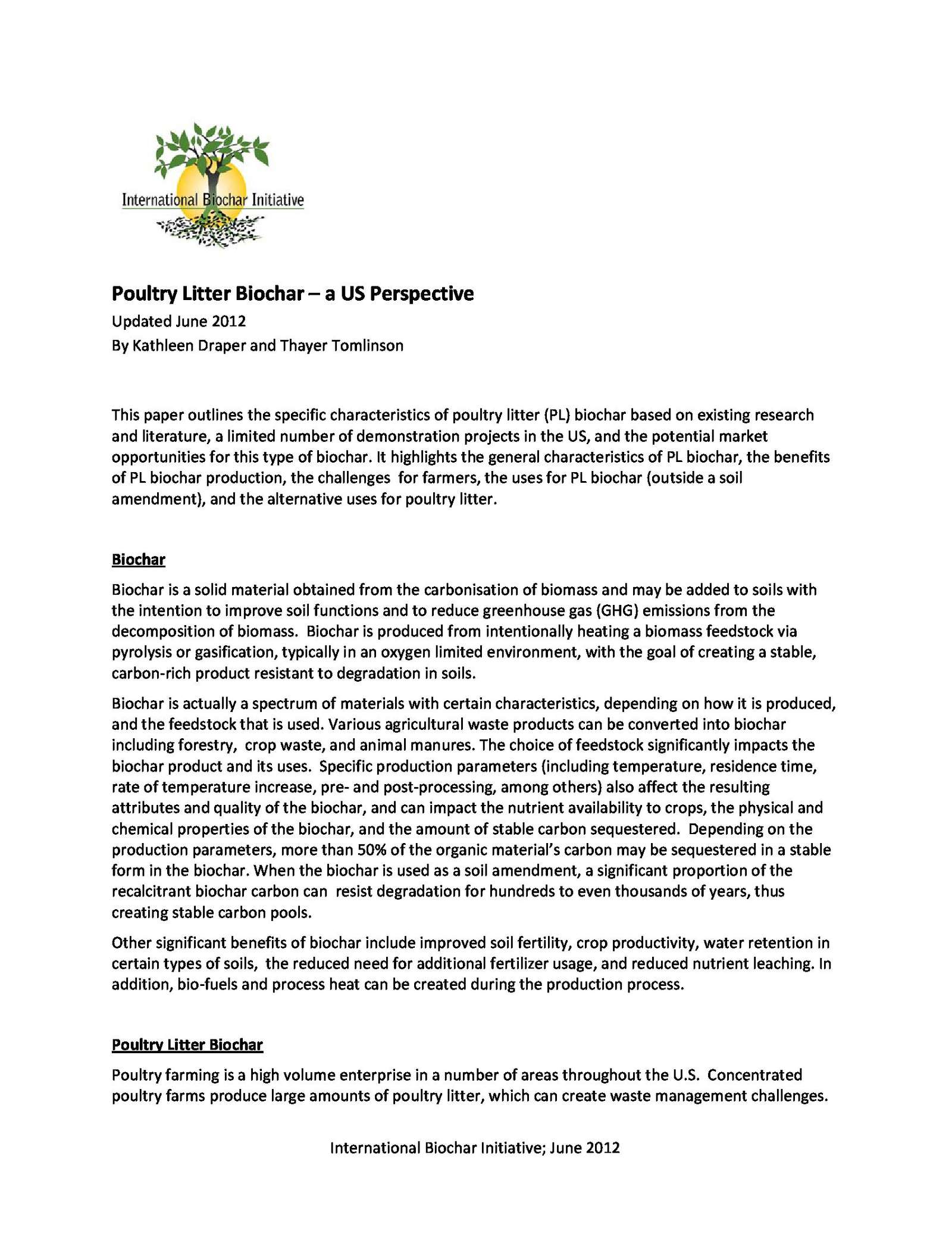 Poultry Litter Biochar a US Perspective